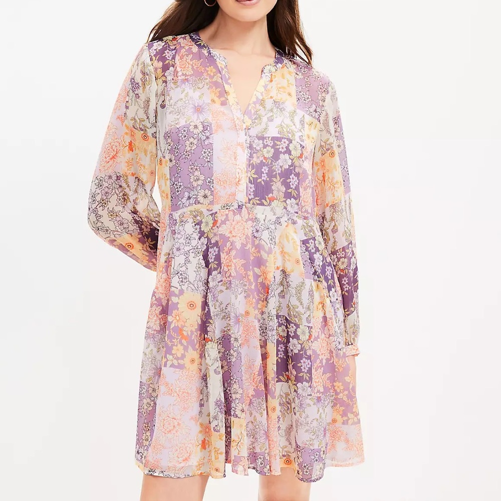 LOFT Long Sleeve Patchwork Dress in Purple and Orange Sz XS NWT RET: $89